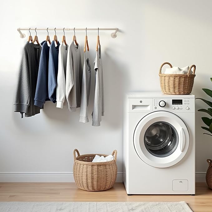 48" White Wall Mounted Clothes Rack, Industrial Pipe Iron Garment Bar, Heavy-Duty Detachable Clothing Rod, Multi-Purpose Metal Wall Display Hanging Pole for Closet Storage, Laundry Room 2 Base