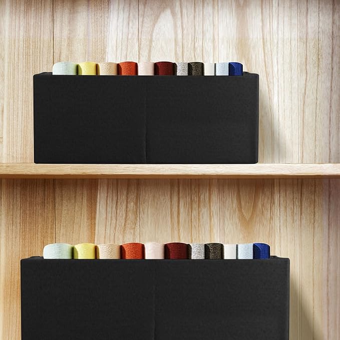 Fabric Storage Bin 3 Pack Foldable Cotton Linen Storage Basket with Wooden Handles Rectangular Cube Box– Black, Large