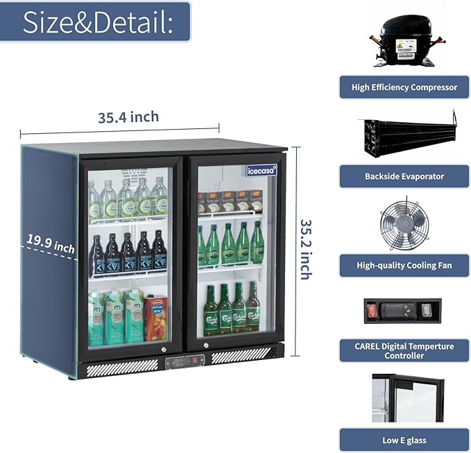 ICECASA 36" W Beverage Refrigerators 2 Glass Door Back Bar Refrigerator Commericial Undercounter cooler Wine Merchandiser 7.8 Cu.ft for Soda Beer