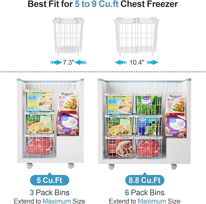 iSPECLE Chest Freezer Organizer Bins - Fit 5 to 9 Cu.FT, 6 Pack Large Adjustable Freezer Organizer Bins for Deep Freezer, Easy Access & Stackable Chest Freezer Organizer Hold More Food, White