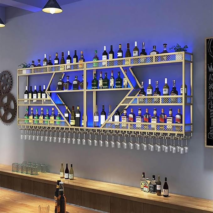 79in Large Wall Mounted Wine Rack 3 Tier Metal Wine Bottle Holder Modern Diamond Design Floating Bar Liquor Bottles Storage Rack for Home Restaurant Bar Decorative (Gold, 3 Tier - 79in)
