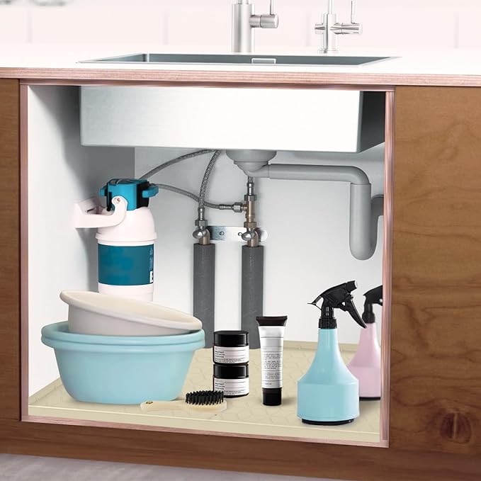 Under Sink Mat, 14"x22" Under Sink Mats for Kitchen, Silicone Waterproof Under Sink Liner, Sink Cabinet Organizer Tray with Drain Hole