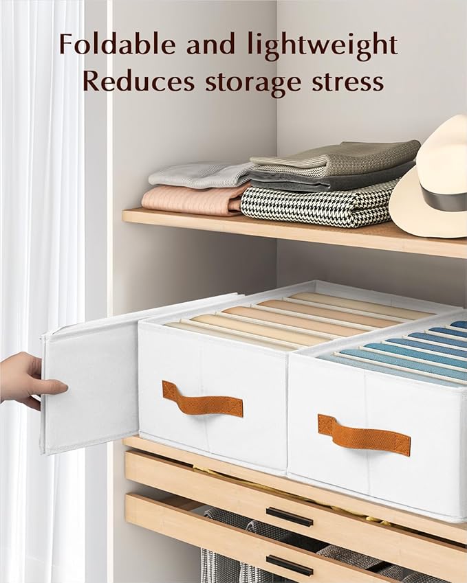 Clothes Organizers and Storage - 4/5/7 Grids Fabric Jeans Organizer with Handles, Foldable Closet Organizers Dividers, Wardrobe organizer for Pant, Sweater, T-shirt, Scarf, 3 Pack, White