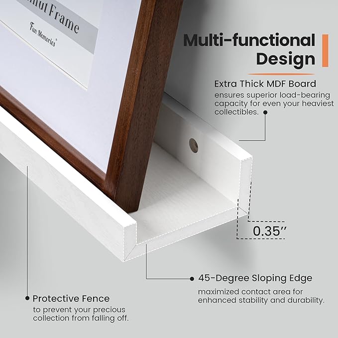 Fun Memories Picture Ledge Shelf, 16 Inch Long Floating Shelves Set of 6, Picture Shelf for Wall with Lip, Large Nursery Book Shelves for Storage, Wall Shelves for Living Room Bedroom Kitchen, White