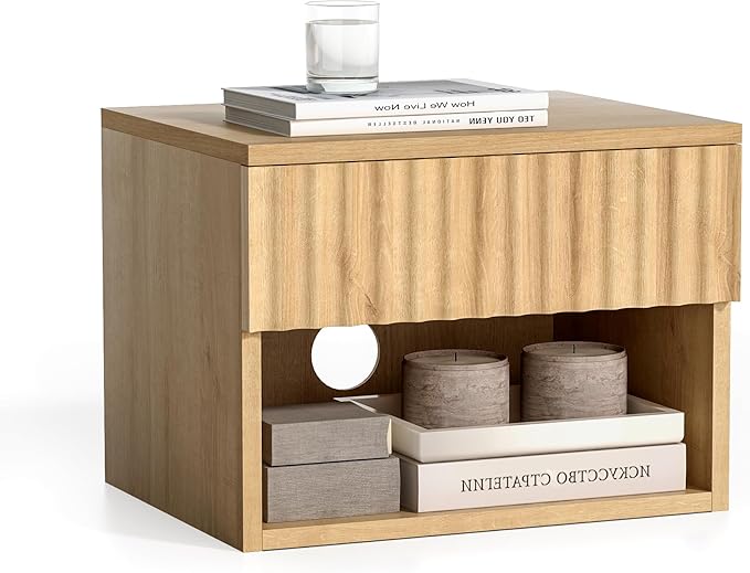 Floating TV Stands Set of 4 with Drawer and Open Shelf, Small Wall Mounted Bedside End Table, Modern Fluted Night Stand for Bedroom, Living Room, Natural Oak