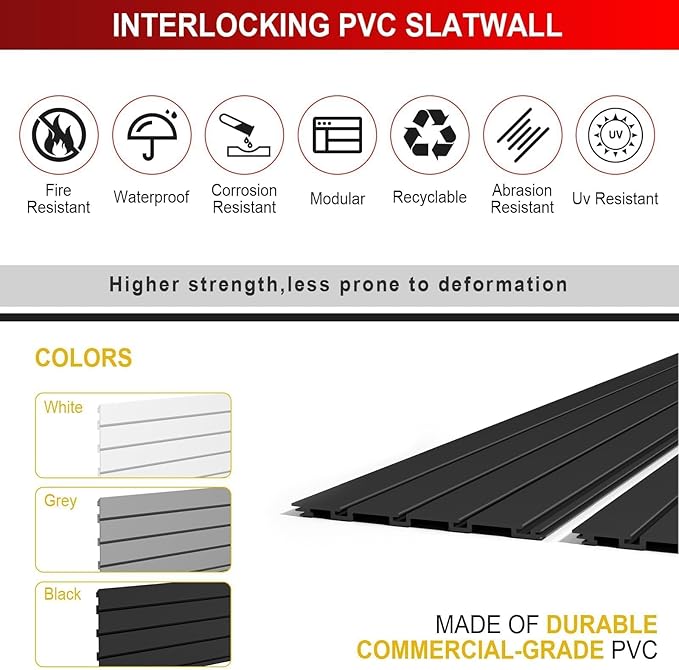4'H x 8'W Slatwall Panel Garage Wall Organizer, Heavy Duty Interlocking Slat Wall Paneling Sheets, Garage Slatwall for Tool Organization Mounted Storage Systems Black