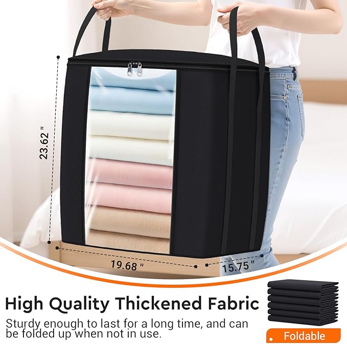 120L Extra Large Clothes Storage Bags, Foldable Blanket Storage and Organization, Thick Fabric Containers with Reinforced Handles & Zippers for Clothing, Comforters, Bedding, Black, 6 Pack