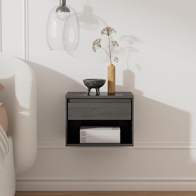 Mid Century Modern Floating Nightstand, Wall Mounted End Table with Drawer and Open Compartment Wooden Bedside Night Stand Small Storage Cabinet for Bedroom, Black