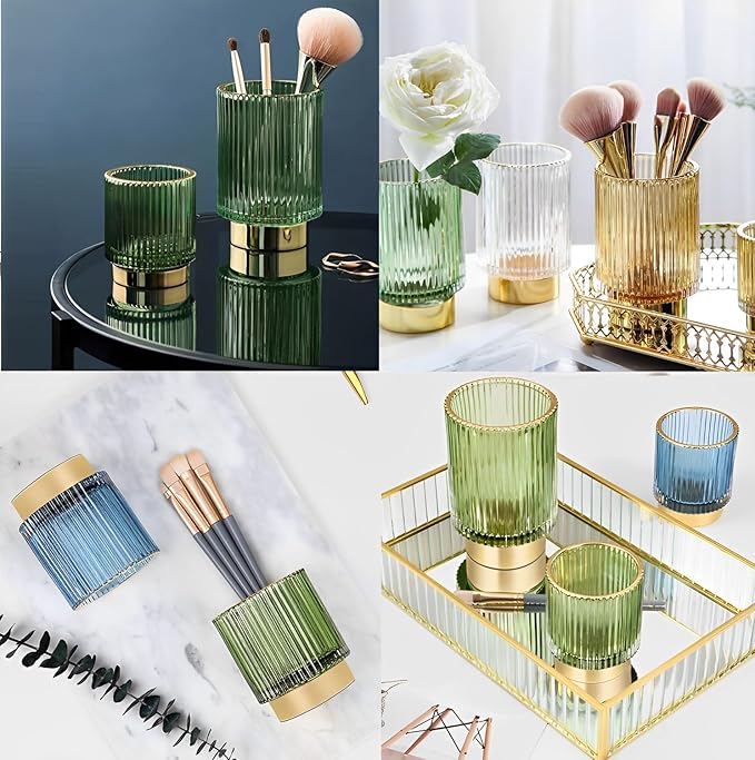 Makeup Brush Holder Organizer, Heavy Crystal Glass Brush Storage Holder, Vintage Cosmetic Make Up Bathroom Brushes Cup Pen Pencil Toothbrush Holder Striped Vase (Large (green))