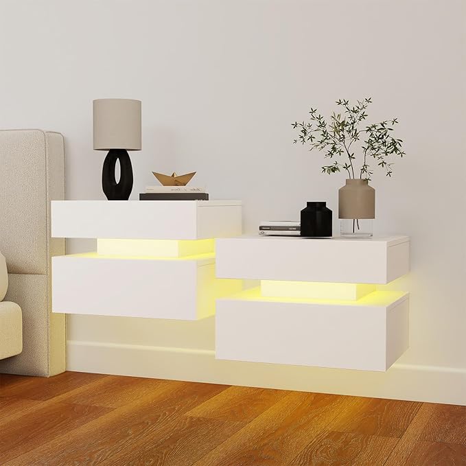 Floating Nightstand Set of 2, Wall Mounted Night Stand with Led Lights, Modern Bedside Tables with Drawers for Bedroom, Easy Assembly