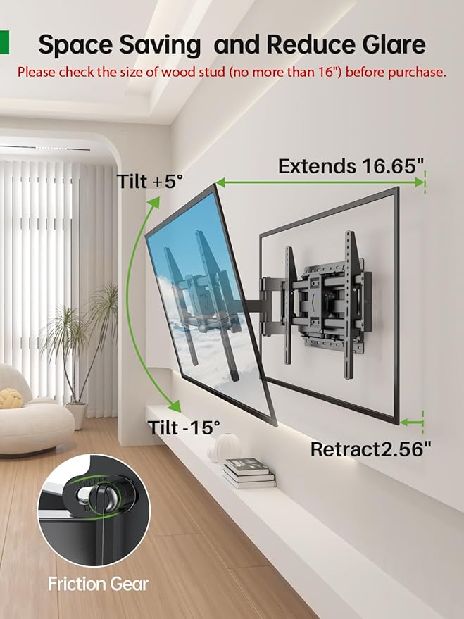 USX Mount Full Motion TV Wall Mount for Most 42-86 inch Flat Screen/LED/4K, TV Mount Bracket Dual Swivel Articulating Tilt 6 Arms, Max 16" Wood Studs, VESA 600x400mm, Holds up to 132lbs