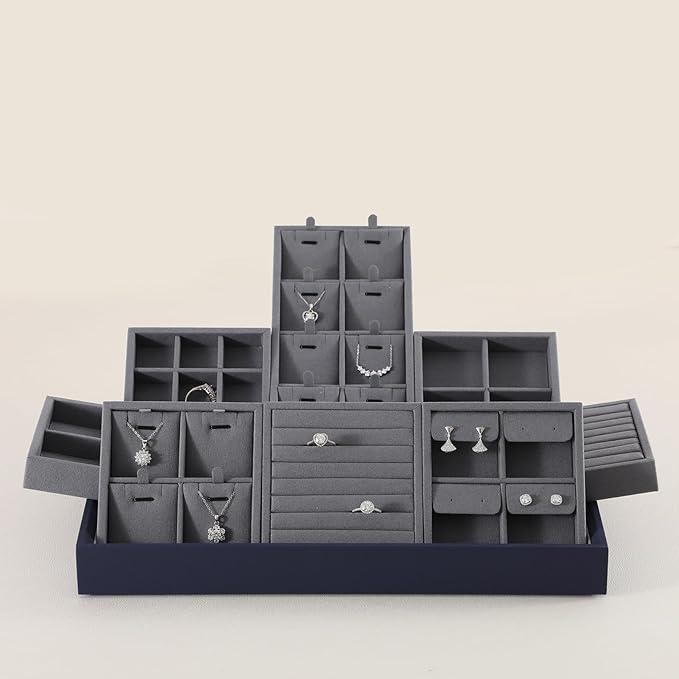Dark Blue Jewelry Display Tray Ring Necklace Earring Bangle Organizer Multifunctional Storage Case for Jewelry Showcase (Long 8 Grids Pendant Tray)