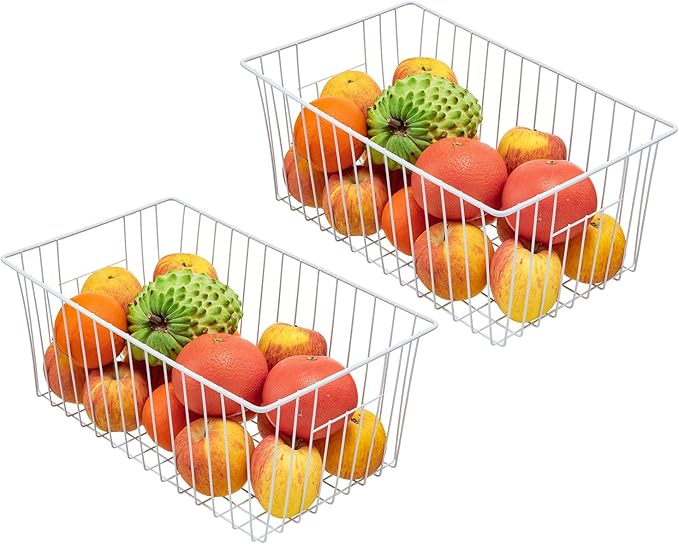 16" Upright Freezer Organizer Baskets, Wire Storage Bins Large Bakset for Freezer, Pantry, Kitchen, Bathroom Organizing, White, Set of 4