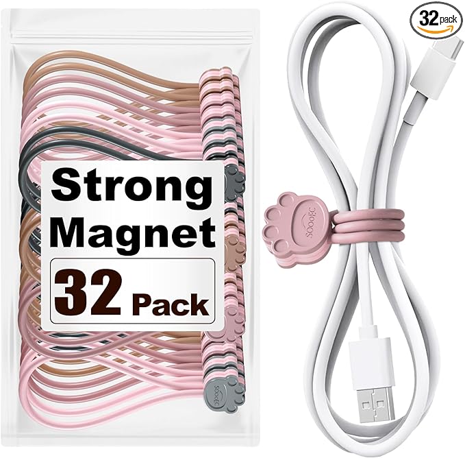 SOOOEC Magnetic Cable Ties, 32 Pack 7.2" Magnetic Cord Organizer Cute Cat's Paw Design, Silicone Twist Ties with Strong Magnet for Bundling and Cable Management, Fridge Magnets.