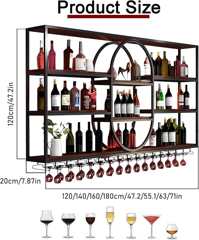 63IN Large Wall Mount Wine Rack, Metal 4 Tier Hanging Bottle Holder with Wine Glass Storage Racks, Modern Floating Wine Shelves for Home Bar Dining Room Decoration (Black)