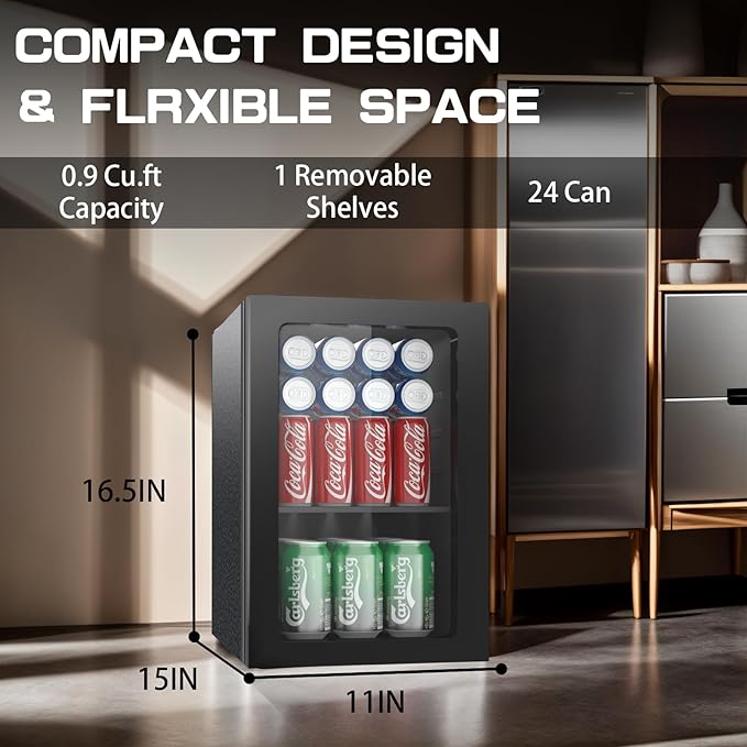Compact Freestanding Beverage Refrigerator,24 Can/0.9 Cubic Feet Mini Fridge with Reversible Glass Front Door for Soda, Beer or Wine, Under Counter Small Refrigerator with Adjustable Shelves