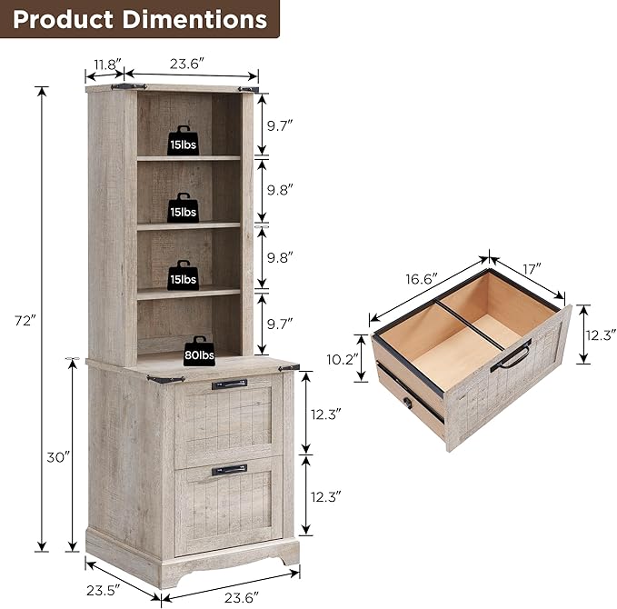 RedLemon Bookcase with 2 File Drawers, 72" Tall Farmhouse Bookshelf with Storage and Adjustable Shelves, 4 Tier Rustic Wood Bookshelf with Cabinet for Home Office, Living Room (Light Rustic Oak)