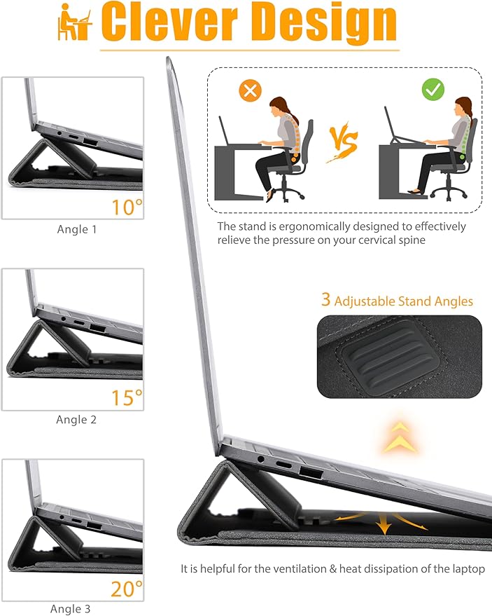 HYZUO 15-16 Inch Laptop Sleeve Bag with Adjustable Stand Feature for MacBook Pro 16 M4/M3/M2/M1 2025-2019, XPS 15, MacBook Pro 15 2015-2012, Case with Pouch, Space Gray