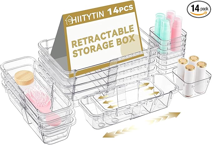14 Pcs Adjustable Clear Drawer Organizer, Extendable Vanity Storage Bins, Desk Drawer Organizer Set for Makeup, Cosmetics, Bedroom, and Gadgets, Clear
