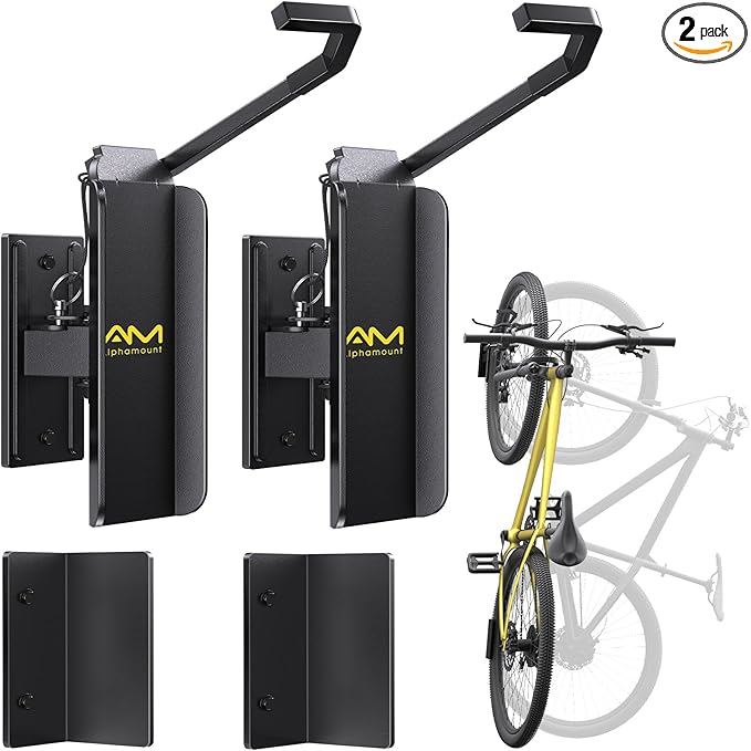 Alphamount AM Swivel Bike Wall Mount, Metal Wall Bike Rack with Durable Sleeves, Space-Saving Vertical Bike Rack with 180° Swivel for Home and Garage, Bike Storage Hanger Mount Up to 66 lbs, 2-Pack