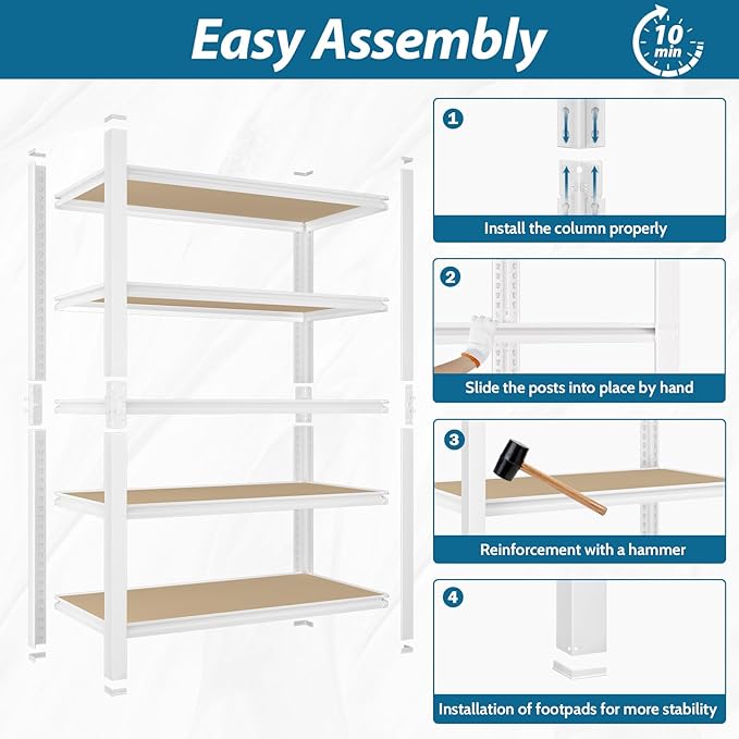 PrimeZone 28" W x 12" D x 59" H Closet Storage Shelves - 5 Tier White Metal Connector Shelving, Adjustable Heavy Duty Garage Shelves, Utility Rack Organizer Shelf for Kitchen Pantry Closet Garage