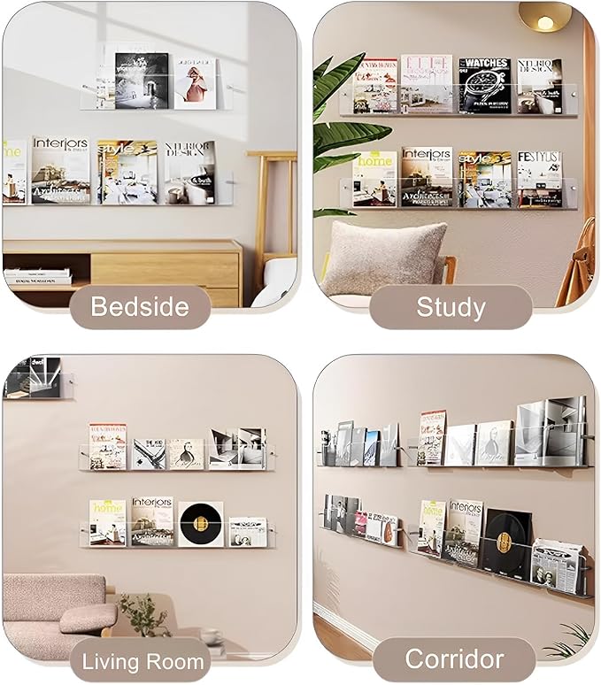 4-Pack 24" Acrylic Magazine Holder Vinyl Records Holder, Display Floating Bookshelves Wall Mounted, Hanging Nursery Book Shelves for Waiting Room, Living Room, Office