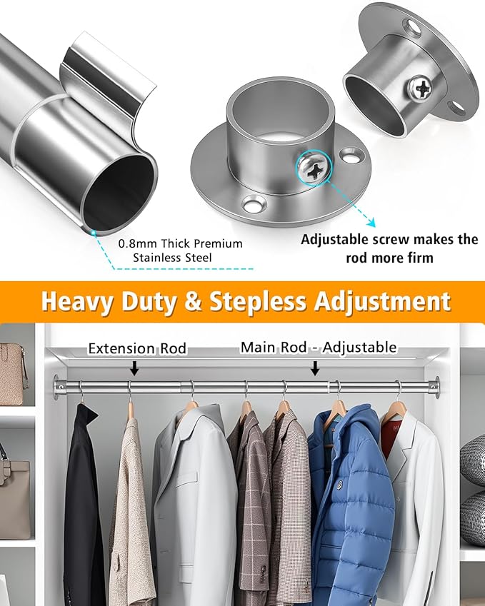 Closet Rods for Hanging Clothes, 17-28 Inch Heavy Duty and Stepless Adjustable Closet Poles, Stainless Steel Closet Hanging Rod for Closet, Wardrobes, Laundry Room, Bathroom, RV (Silver)