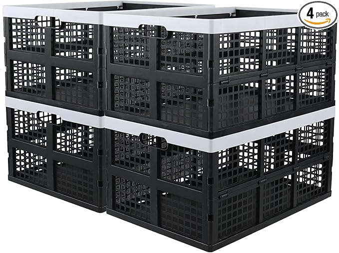 66 L Extra Large Stackable Storage Crate, Set of 4 Plastic Collapsible Crates