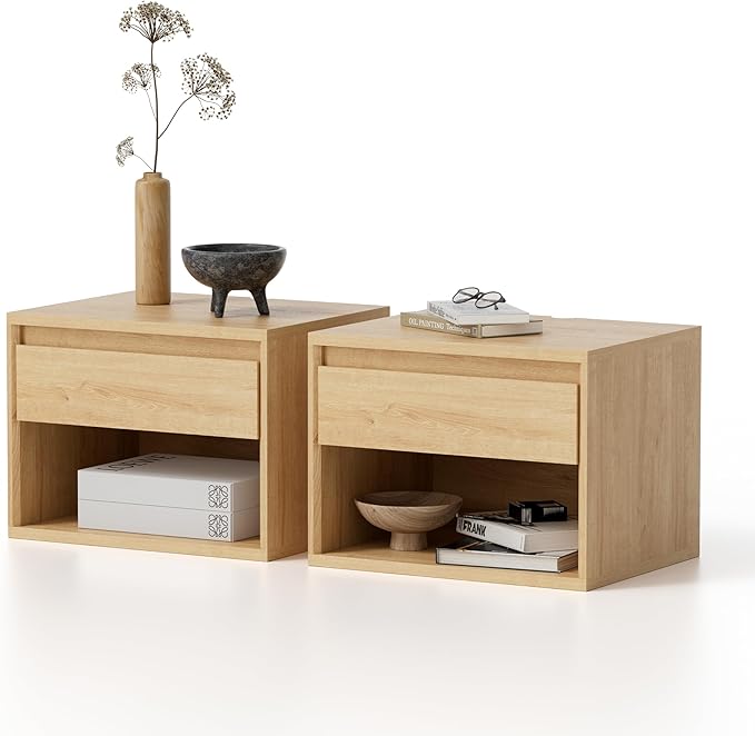 Floating Nightstand Set of 2, Wall Mounted Bedside Table with Storage Drawer and Open Shelf, Modern Night Stand with Handless Design for Living Room, Bedroom, Dorm, Natural Oak