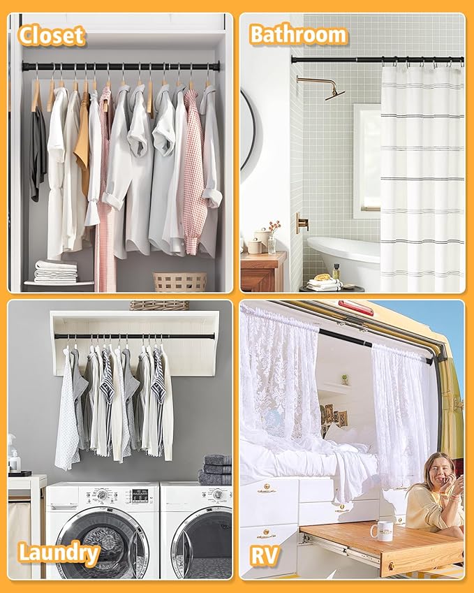 Closet Rod, 17 to 39 Inch Heavy Duty Adjustable Metal Clothing Rack for Hanging Clothes, Closet Poles for Wardrobes, Laundry, Durable Steel, Black