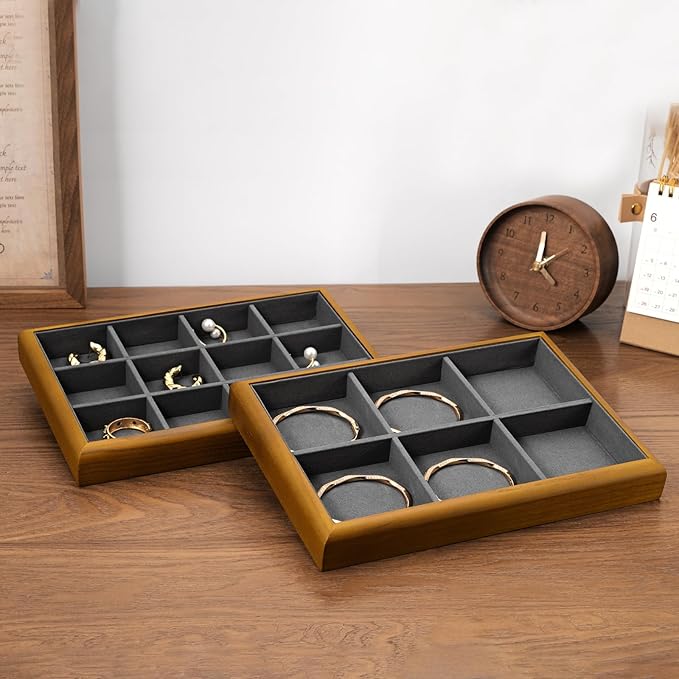 Oirlv Solid Wood 12 Grid Jewelry Organizer Tray Jewelry Drawer Organizer for Rings Earrings Storage Display(Grey)