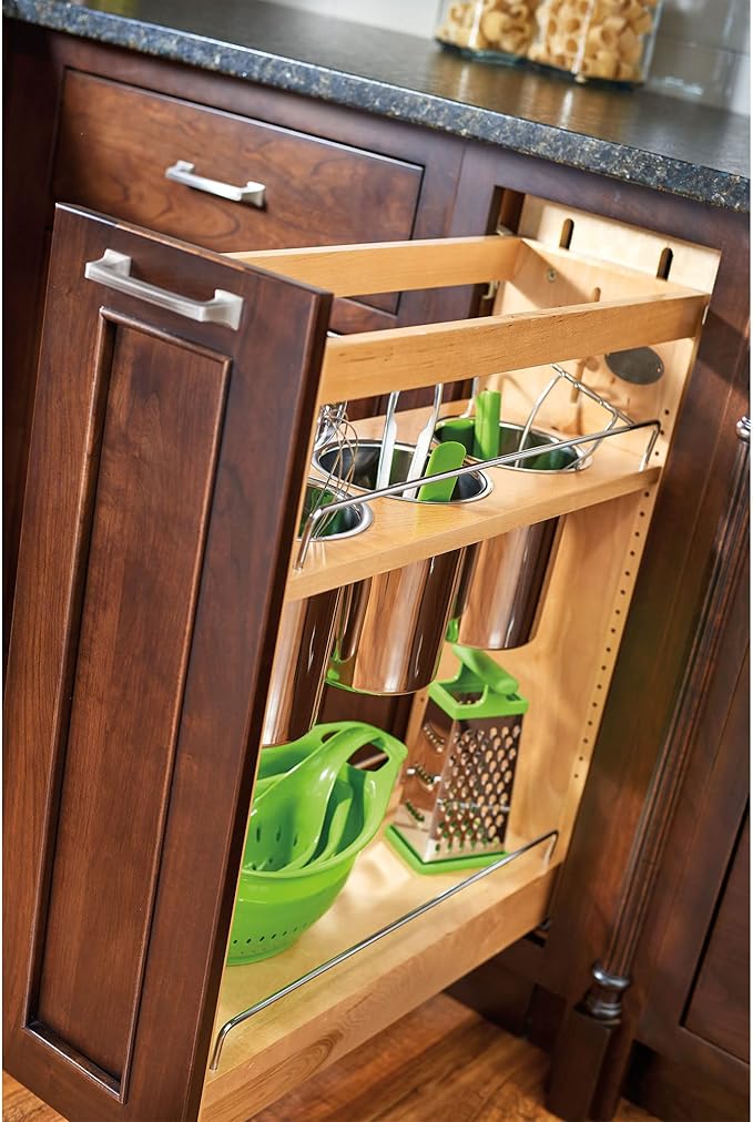 Rev-A-Shelf 8" Pull Out Storage Organizer for Base Kitchen Cabinets w/ Soft-Close, Sliding Shelves for Utilities, Utensils or Spices, 448UT-BCSC-8C