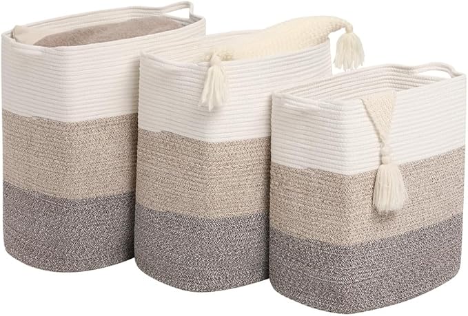 Tall Laundry Basket With Handles,Woven Cotton Rope Big Laundry Hamper Sorters,Versatile Storage for Dirty Clothes,Baby Toys,and Blankets in Bathroom, Nursery,and Living Room (Gradient Brown, 50L)