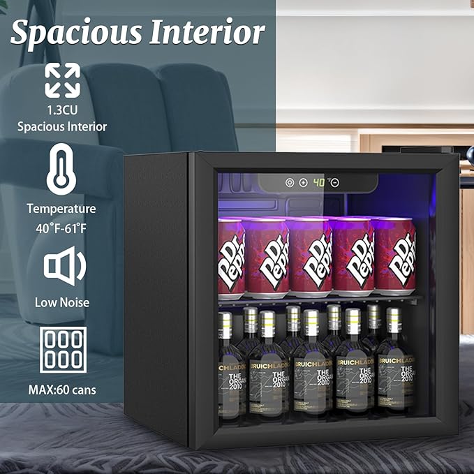 Compact 60 Can/1.3 Cu.Ft Mini Fridge For Soda, Beer Or Wine, Portable Small Beverage Refrigerator With Digital Display&Removable Shelves &Reversible Glass Front Door For Office, Dorm, Bar
