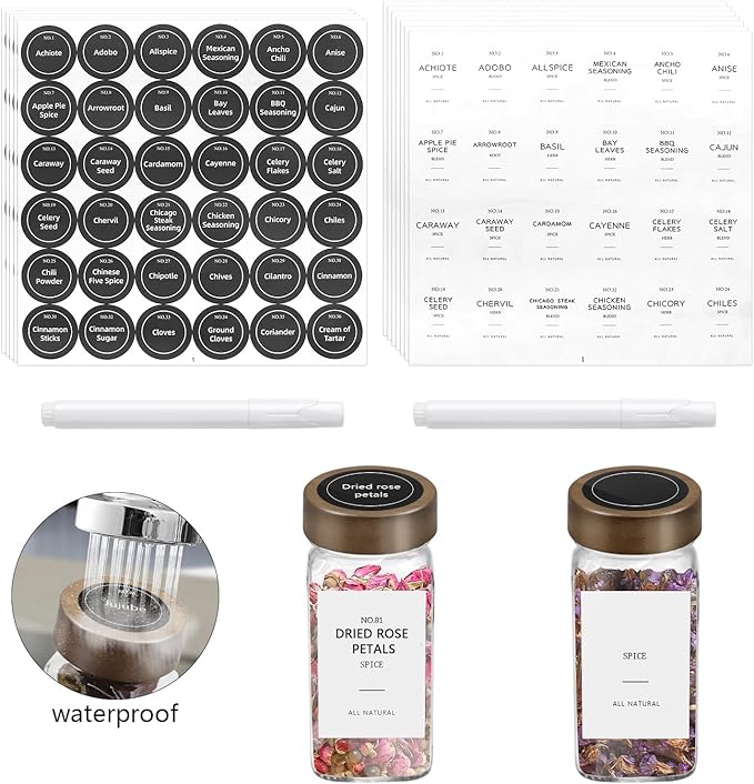 ZEHIQ 12Pcs Glass Spice Jars with Acacia Wood Lids, 4 oz Square Seasoning Containers with Labels, Seasoning Jars with Shaker Lids, Chalk Pen, Funnel, Cleaning Brush, Spice Bottles for Cabinet, Drawer