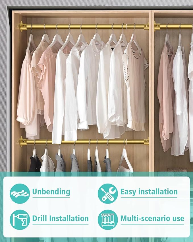 Closet Rod, 17 to 28 Inch Heavy Duty Adjustable Metal Clothing Rack for Hanging Clothes, Closet Poles for Wardrobes, Laundry, Durable Steel, Gold（Upgraded Extra Strong）