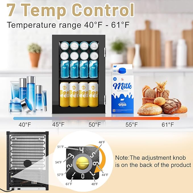 7 Temp Control 24Can/0.9Cu.Ft Mini Fridge For Soda, Drink, Beer,Wine, Mirrored Door Compact Beverage Refrigerator, Personal Beauty Cooler for Bedroom, Dorm, Office, Beverage Beauty Storage