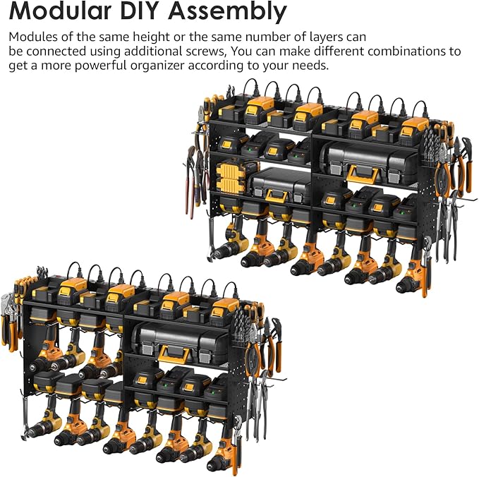 CCCEI Modular Pegboard Rack Power Tool Organizer with Charging Station. 4 Layer Wall Mount Drill Holder, Tool Battery Charger Organizer. Garage Shop Storage Utility Shelf with 10FT Power Strip.