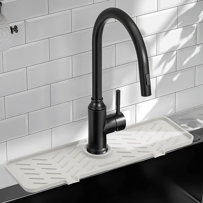 Meiliweser Silicone Faucet Mat for Kitchen Sink – Gen 2 Splash Guard with Upgraded Outlet & Slope – 18” x 5.1” Water Catcher & Sink Sponge Holder for Kitchen and Bathroom (Beige)