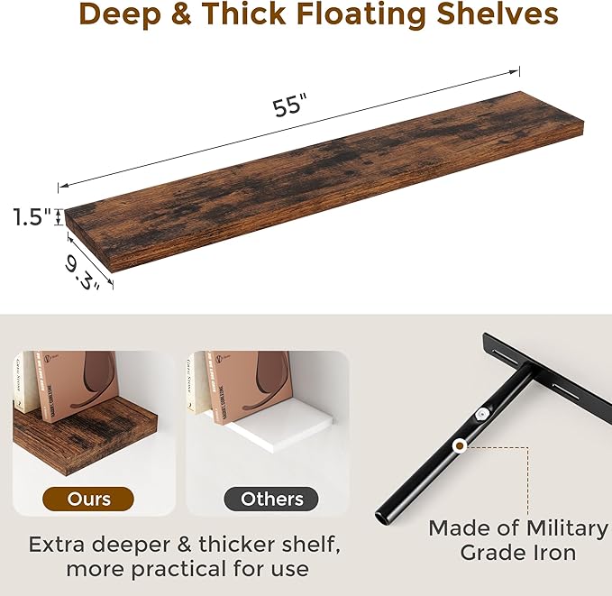 Fun Memories 55Inch Floating Shelves for Wall 2 Pack Shelves for Bedroom|Kitchen|Bathroom Wall Mounted Rustic Wood Floating Shelf with Invisible Brackets for Books|Storage|Decor, Rustic Brown