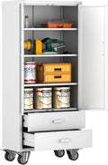 Metal Storage Cabinet with 2 Drawers, Garage Tool Cabinet on Wheels for Home Office,Assembly Required,White