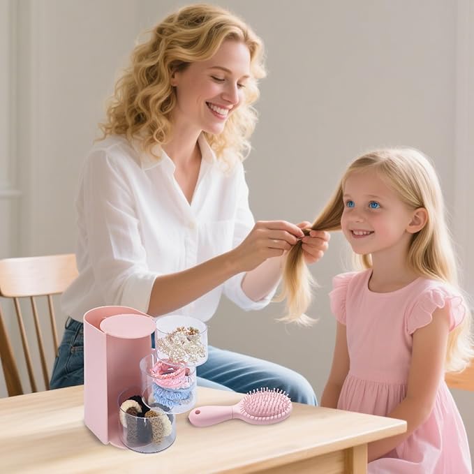 Pink Hair Accessory Organizer, 3-Layer Clear Hair Accessories Organizer Rotatable Small Jewelry Box for Clip Earring Necklaces, The Latest Gift for A Girl.