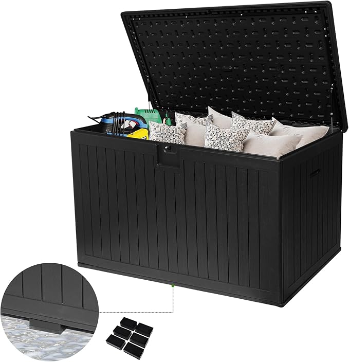 230 Gallon Outdoor Storage Box Waterproof, Extra Large Plastic Outside Deck Box Weatherproof, Resin Patio Storage Bin with Lock and Lids for Pool Equipment and Cushion, Black