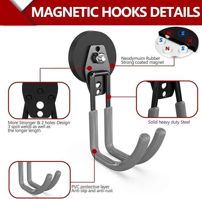 3-H Heavy Duty Magnet Garage Hooks 4 Pack, J Shape Strong Magnetic Hooks for Hanging Cordless Power Drill, Utility Magnetic Tool Holder for Metal Cabinet, Steel Pegboard, Toolbox, Garage(Grey)