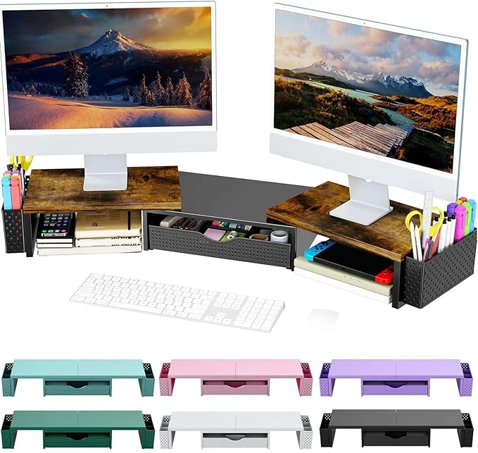 Spacrea Metal Desk Organizers and Accessories, Dual Monitor Stand Riser with Drawer and 2 Pen Holders, Desk Accessories & Workspace Desktop Organizers for Office Supplies (Wood)