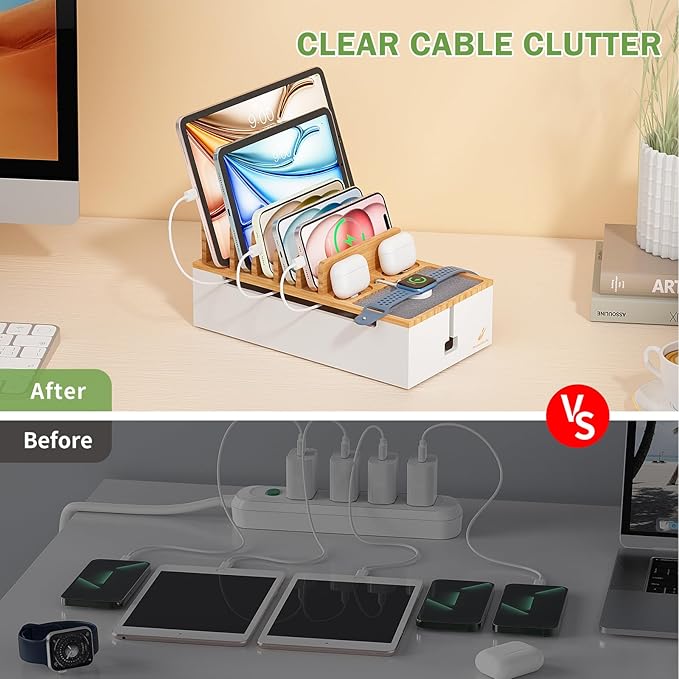 Pezin&Hulin Multi Devices Charging Station, With USB Adapter and 6 Cables, Cord Organizer for Desk, Cell Phone Charger Dock to Management Cables and Power Strip, Desktop Cord Hider Box -Natural +White