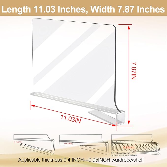 Acrylic Shelf Dividers for Closet Organization, Closet Shelf Organizer for Bedroom, Closet Dividers for Shelves Clear Clothing Divider Shelf(Clear,10 Pack)