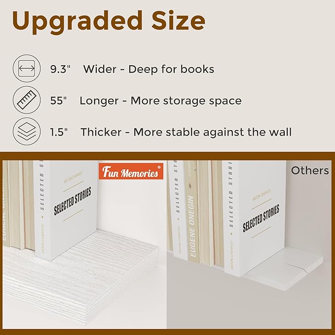 Fun Memories 36 Inch Floating Shelves White, 9.3 Deep Floating Shelf for Wall, Rustic White Wall Shelves 36x9.3x1.5 - Set of 2, Large Deep Shelf for Kitchen, Living Room Storage