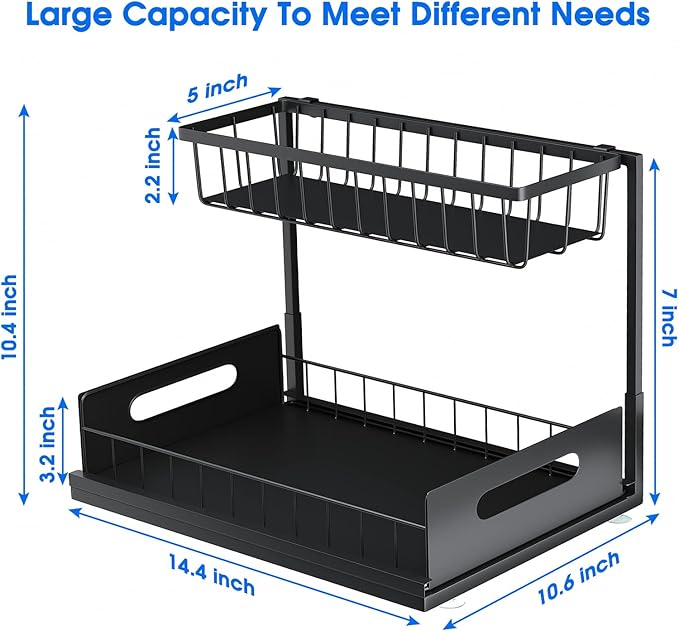 2 Pack Under Sink Organizer, 2 Tier Under Sink Organizers and Storage Multi-Purpose Under Sink Storage for Bathroom Kitchen (Black)