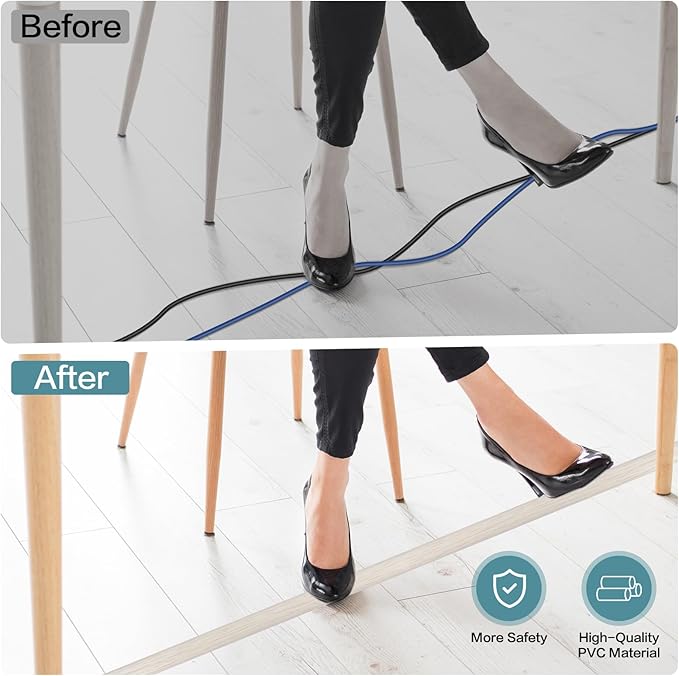 Floor Cord Cover Self Adhesive Cord Hider Floor Extension Cord Covers for Floor Power Cord Protector Cable Management Prevent Cable Trips Cable Cavity 0.51" W x 0.31" H (Beige Wood, 20Ft)
